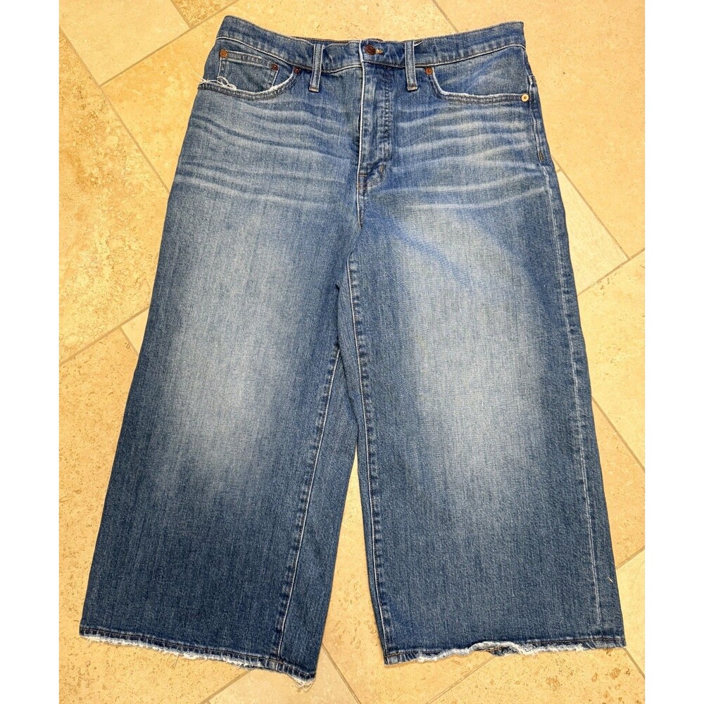 Madewell Wide-Leg Crop Jeans Medium Finney Wash Size 31 Raw Hem Light Distress - Picture 2 of 12